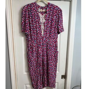 Vintage Karin‎ Stevens Floral Midi Dress Lace Inset Pockets Size 14 No Belt